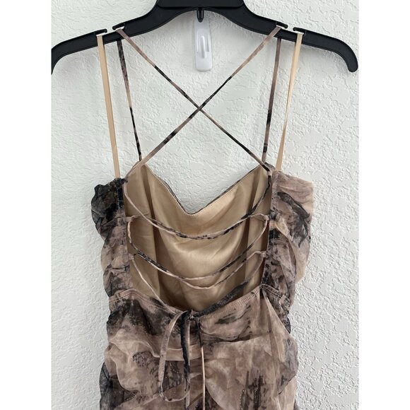 Windsor Lace-up Back Mini Dress M Taupe Abstract Ruched Side/Back 90s Y2K Party - Picture 2 of 14